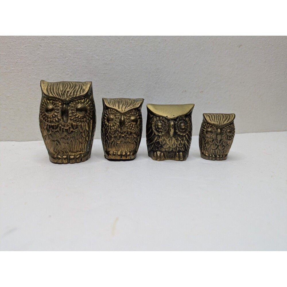 Vintage Solid Brass Owls Mid Century MCM Korea Set Of 4 Trinket Collector Patina